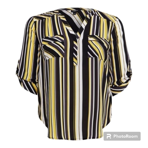 + Torrid Harper yellow black white striped georgette tunic top - Picture 5 of 11